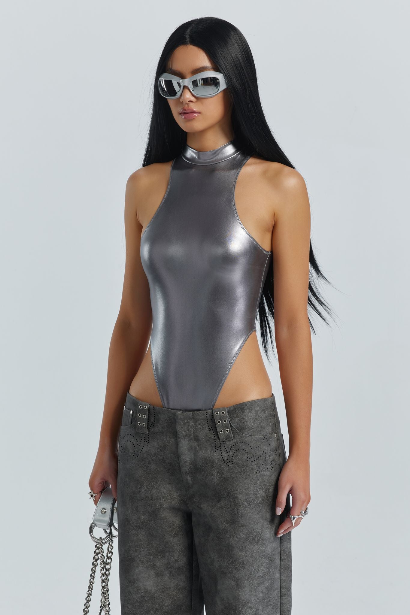 Taeyn Embellished Crew Neck Bodysuit In Black/silver
