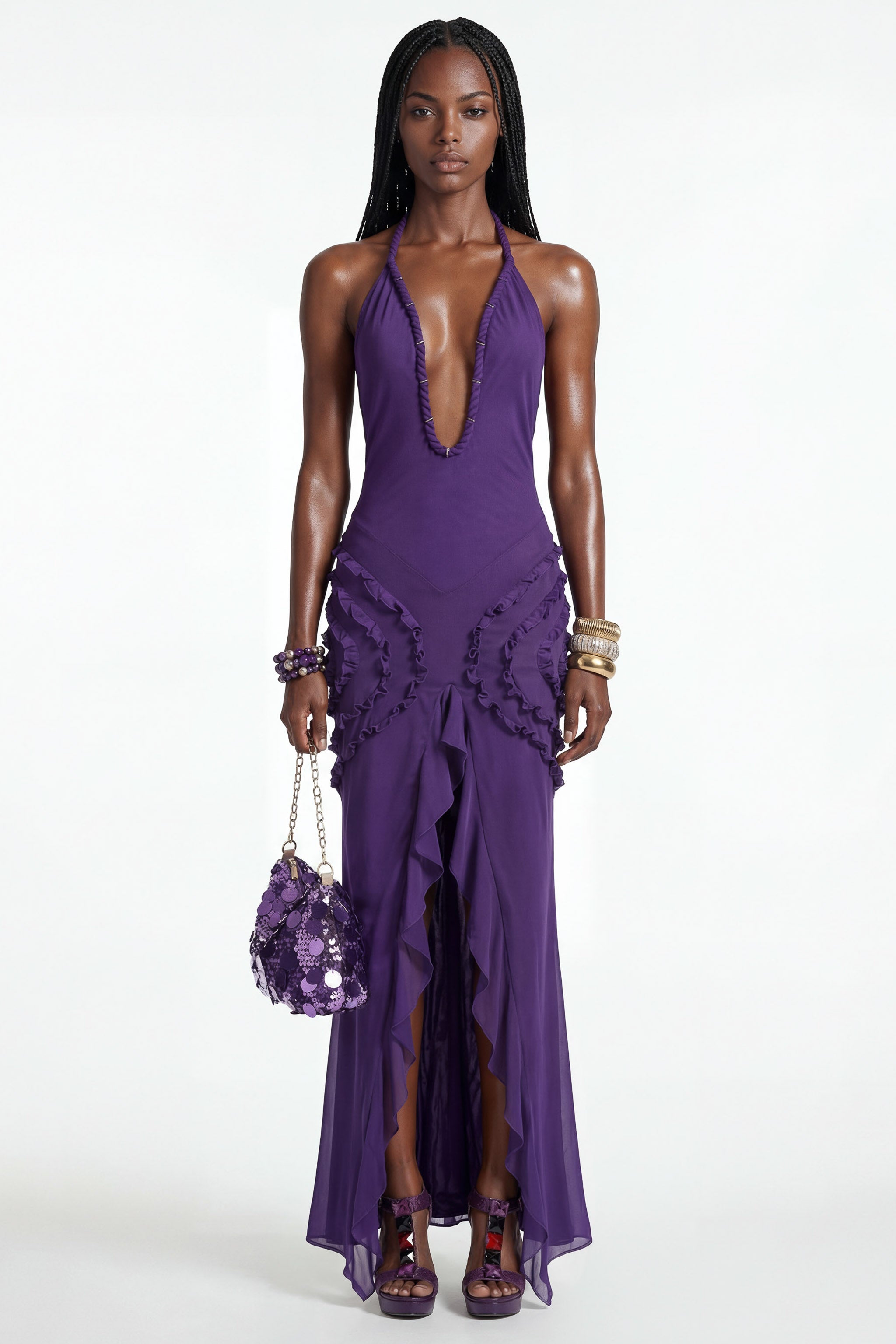 Narcissa Dress | Purple Plunge Mesh Maxi Dress | THE KRIPT